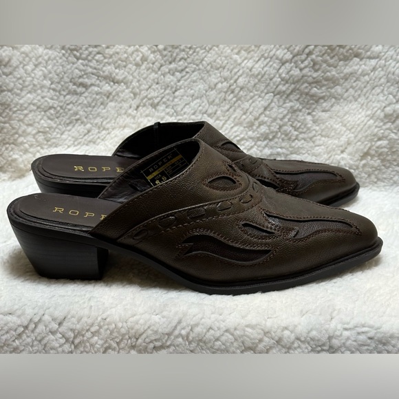 ROPER Beth Mule Slide Cowgirl Shoes US Womens Sz 8.5 Brown Detailed Faux Leather - Picture 2 of 11